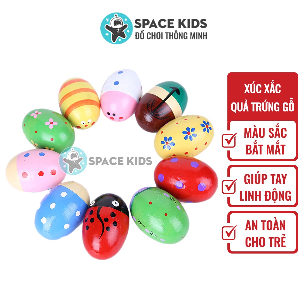 Đồ chơi gỗ Lục lạc, Xúc xắc gỗ hình quả trứng nhiều màu sắc cho bé từ 3 tháng tuổi Space Kids