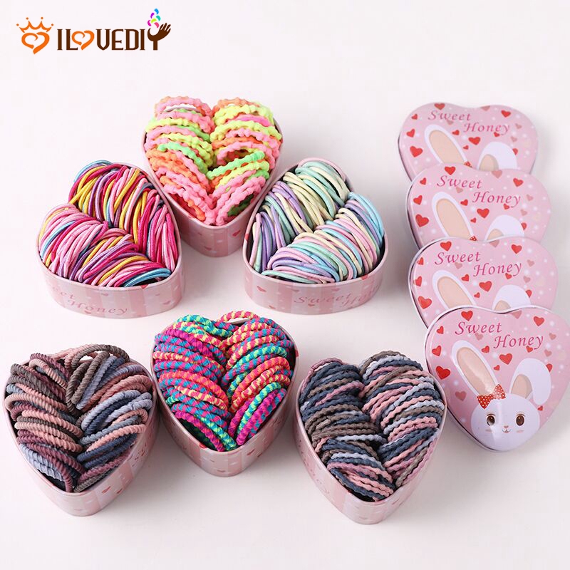 Hộp đựng dây cột tóc nhiều màu sắc mềm mại cho bé hình trái tim in hoạt hình dễ thương