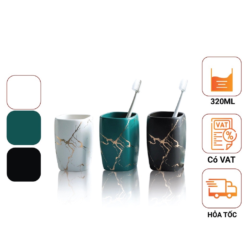 Combo Cốc Đánh Răng Gốm Sứ Vân Cẩm Đá Thạch Sang Trọng Cao Cấp