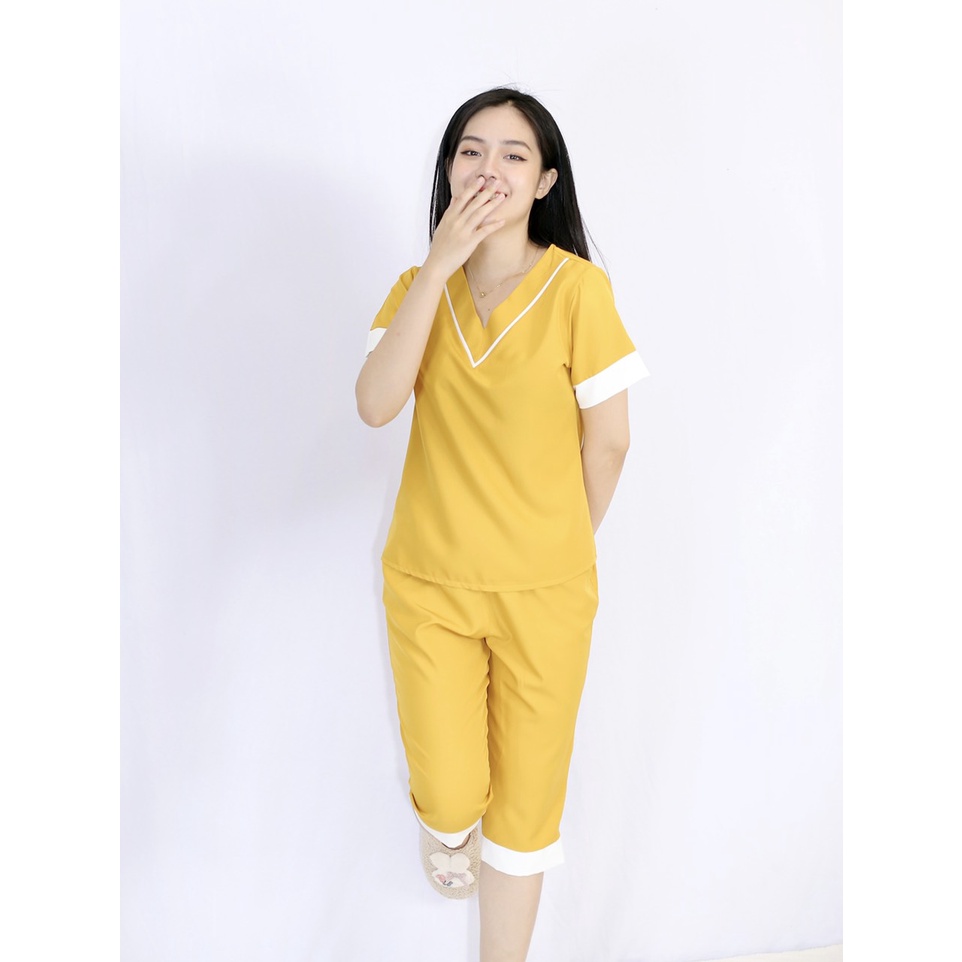 Set đồ bộ pijama L1 VÀNG cổ tim tay ngắn, quần lửng mặc nhà Thoải Mái Nhẹ Nhàng