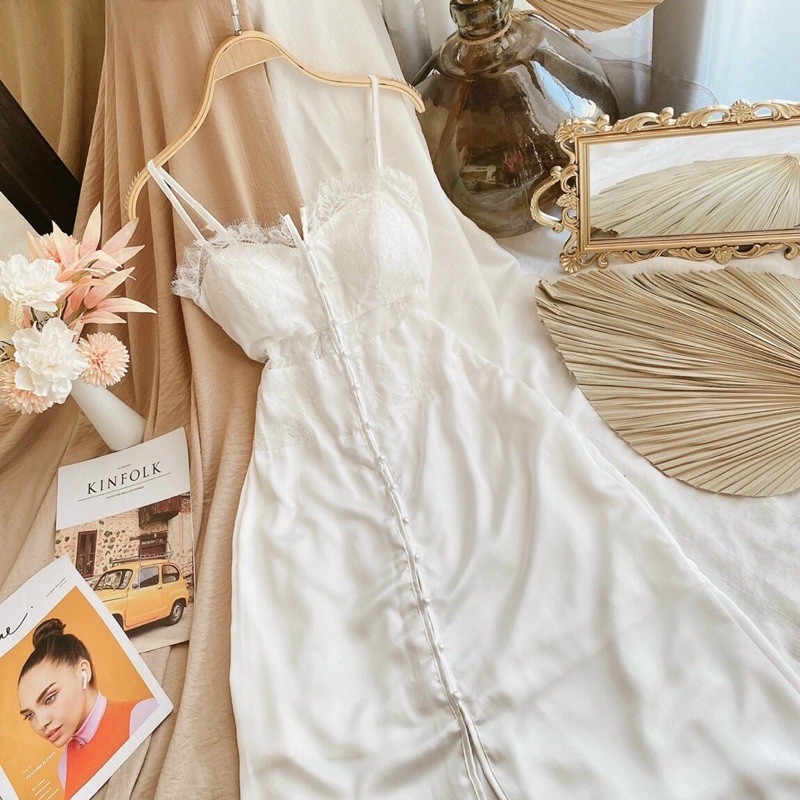 ẢNH THẬT TRẢI SÀN - ĐẦM MIDI TRẮNG 2S VIỀN REN PHỐI NÚT