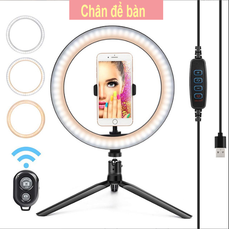 Đèn livestream bán hàng, make up kèm chân, điều khiển từ xa Bluetooth