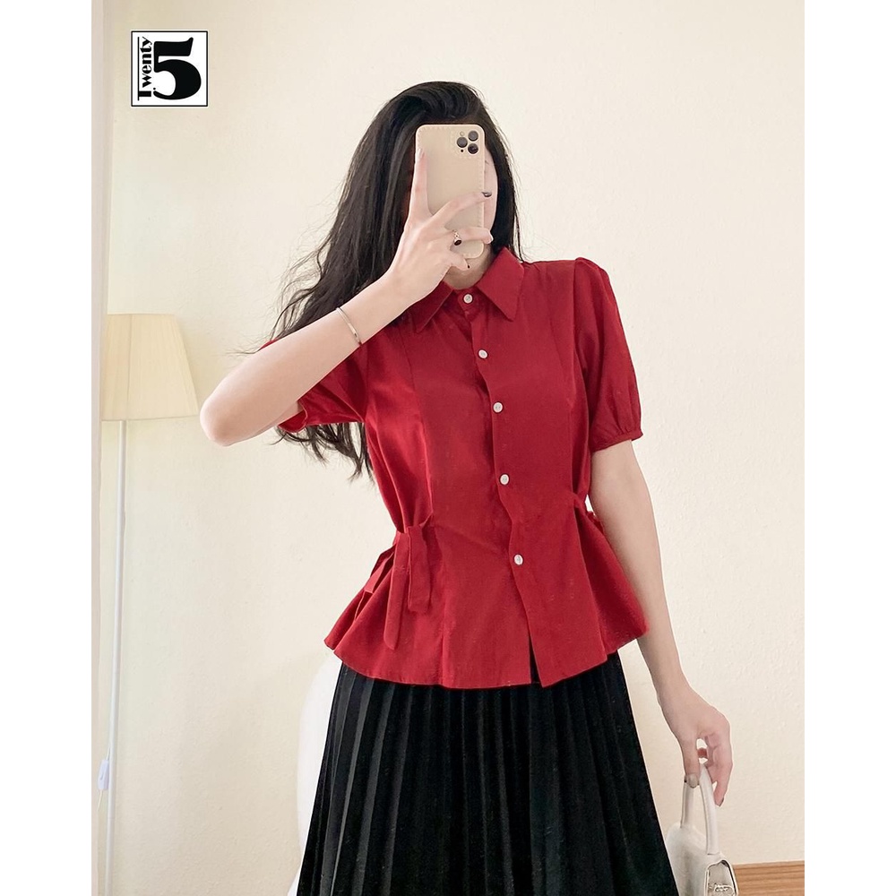 Áo kiểu sơ mi công sở nữ tay bồng dây thắt nơ 2 bên eo Twentyfive TA2