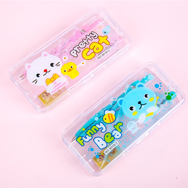 Bộ dụng cụ học sinh 9018 gồm compa, thước kẻ và cục tẩy 2 màu xanh, hồng dễ thương ANKICO