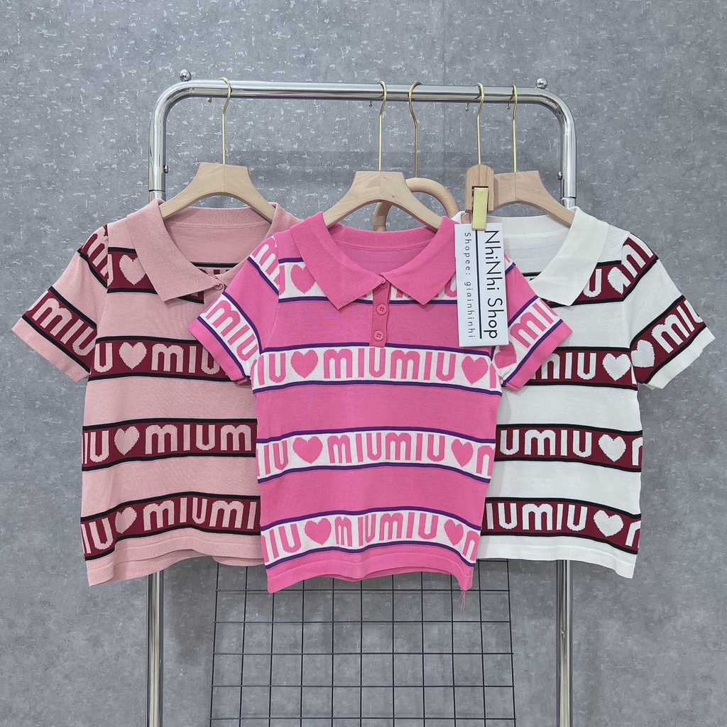 Áo len Polo form rộng in chữ MM, Áo kiểu len cổ bẻ ngắn tay co giãn AL7802 - NhiNhi Shop