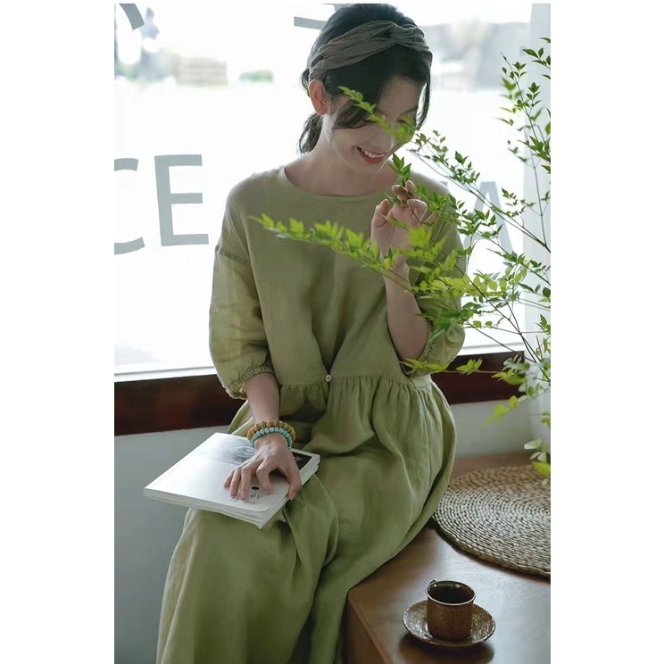 Đầm linen dáng suông thiết kế cúc cài chỉnh eo thời trang phong cách trẻ