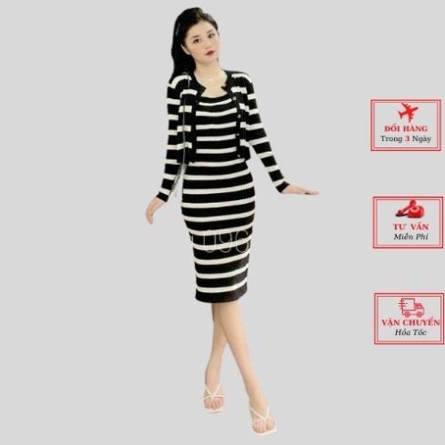 ঔ Váy đầm body len 2 dây nữ dáng dài maxi kẻ ngang đen trắng kèm áo cardigan ulzzang Hàn Quốc ঔ