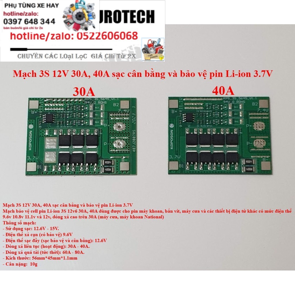 Mạch🥫 3S 12V 30A, 40A🍲 sạc cân bằng và bảo vệ pin Li-ion 3.7V