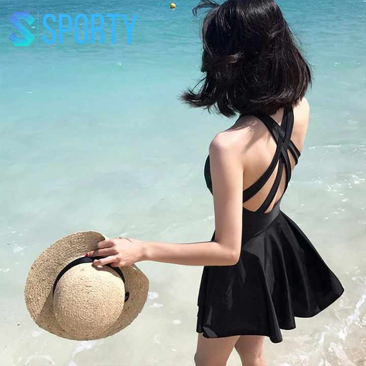 Đồ bơi nữ đi biển 1 mảnh dáng váy xèo dễ thương thiết kế dây đan lưng SPORTY sw2002