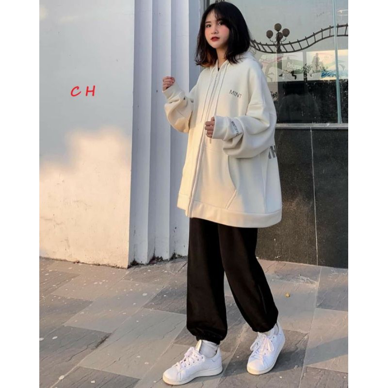 Áo khoác Hoodie nỉ cotto  mũ khóa Mint phản quang form thụng nam nữ unisex