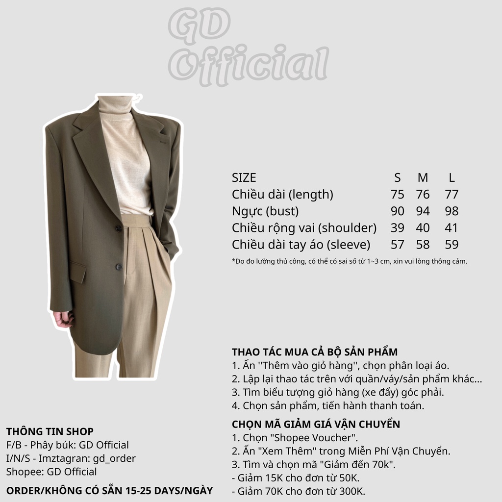 K103|Áo khoác blazer nữ cổ điển dài tay dáng rộng cá tính màu đen, nâu GD Official