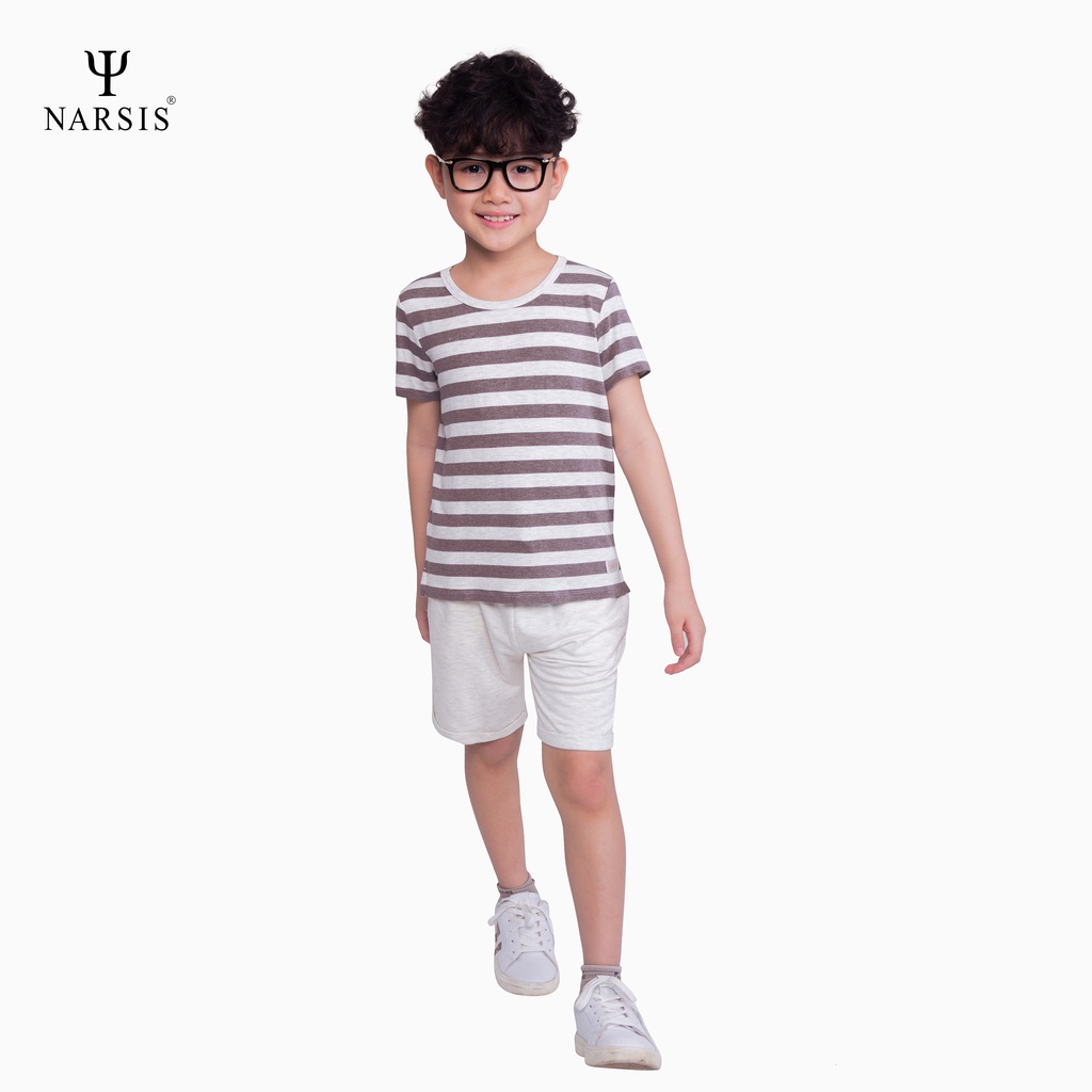 Bộ hè bé trai Narsis KE0003 kẻ trắng ngà vân phối quần da cá