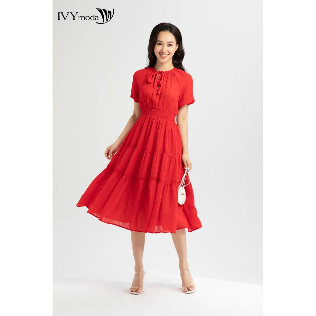 Đầm xếp cố thắt nơ thiết kế IVY moda MS 48M6380
