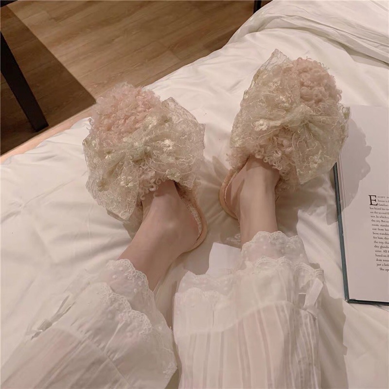 Xinh ngất ngây . dép lông cute nơ ren