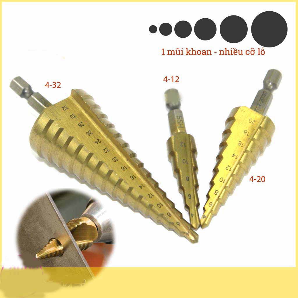 Bộ 3 mũi khoan tháp thẳng HSS mạ titan 4-32mm