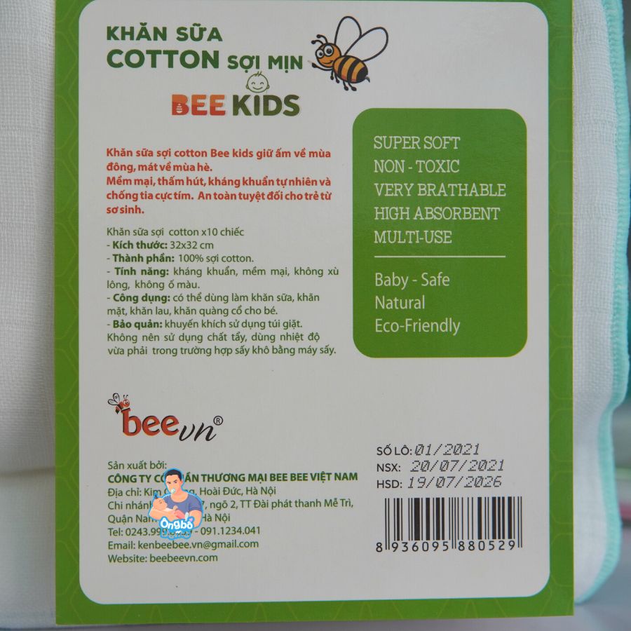 Khăn sữa cotton sợi mịn Bee Kids 10 chiếc - Ongbodemo