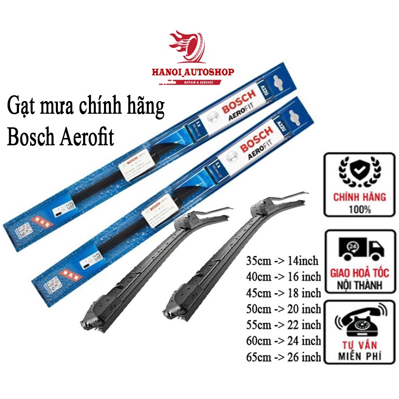 Gạt Mưa ô tô Bosch-Gạt mưa ô tô Bosch Aerofit không xương lưỡi gạt silicon, gạt sạch sâu, không gây tiếng ồn, đủ size