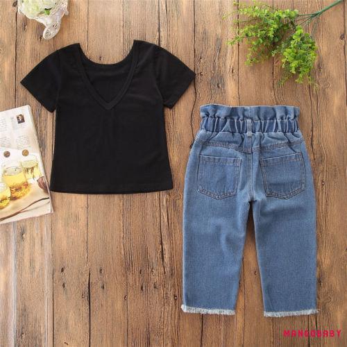 [Mã FACBGO245 giảm 10K đơn bất kì] Set áo thun hở lưng kèm quần denim dài thời trang cho bé gái