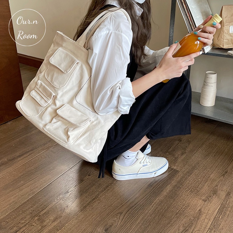 [CÓ SẴN] TÚI TOTE CANVAS HỌA TIẾT 4 TÚI NHỎ PHONG CÁCH HÀN QUỐC