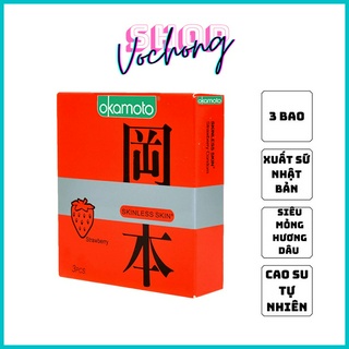 Bao cao su siêu mỏng hương dâu Okamoto Skiness Skin Strawberry - Hộp 3 chiếc