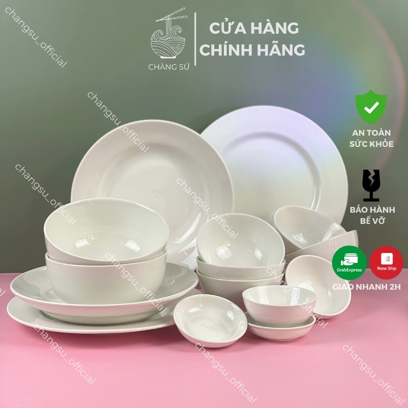 Bộ chén dĩa sứ trắng 16 món đầy đủ - Set bát đĩa ăn cơm gia đình sứ Hảo Cảnh