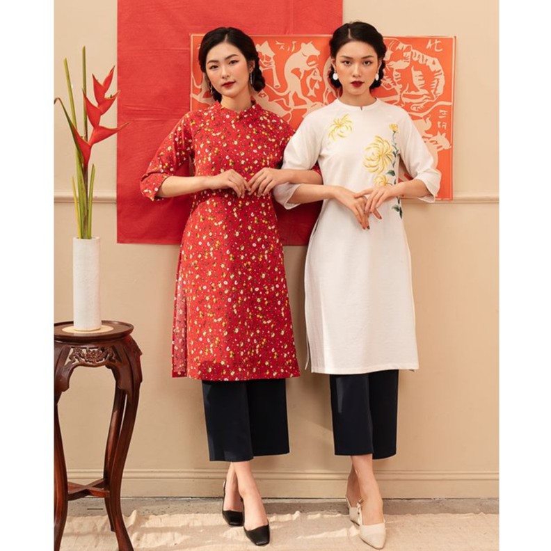 Áo dài nữ cổ tàu thêu họa tiết M2481