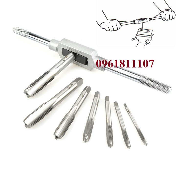 Bộ 7 mũi taro + Tay quay taro M3 - M12 dài 195mm, bộ taro mở ốc gãy, mũi taro mở ốc, cần quay taro