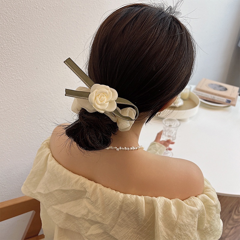 Dây Cột Tóc Cao Su Co Giãn Phối Hoa Trà Kiểu Dáng Mới