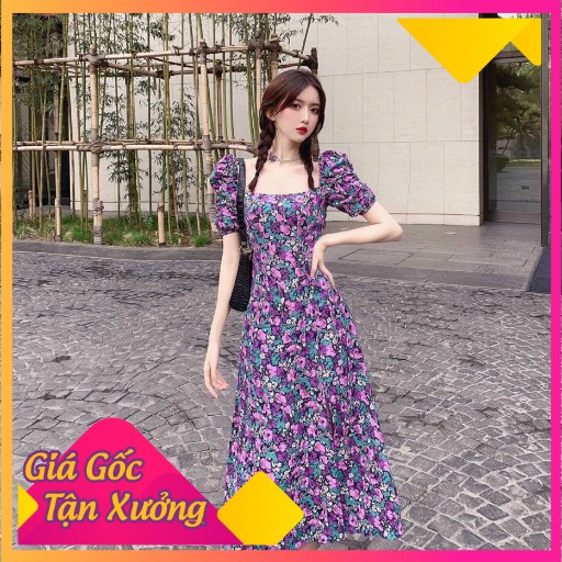 Đầm Xoè Đẹp Cao Cấp Váy Hoa Xẻ Tà Dài Qua Gối Sang Trọng Dự Tiệc, Đi Biển, Đám Cưới, Công Sở Cổ Vuông