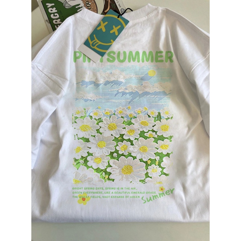 Áo thun ZHELIHANGFEI tay ngắn dáng rộng in họa tiết tranh sơn dầu hoa cúc dễ phối đồ trẻ trung