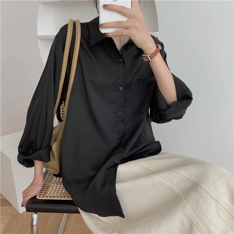 Sơ mi nữ basic cổ polo màu đen cá tính form rộng kiểu ulzzang hàn quốc | WebRaoVat - webraovat.net.vn