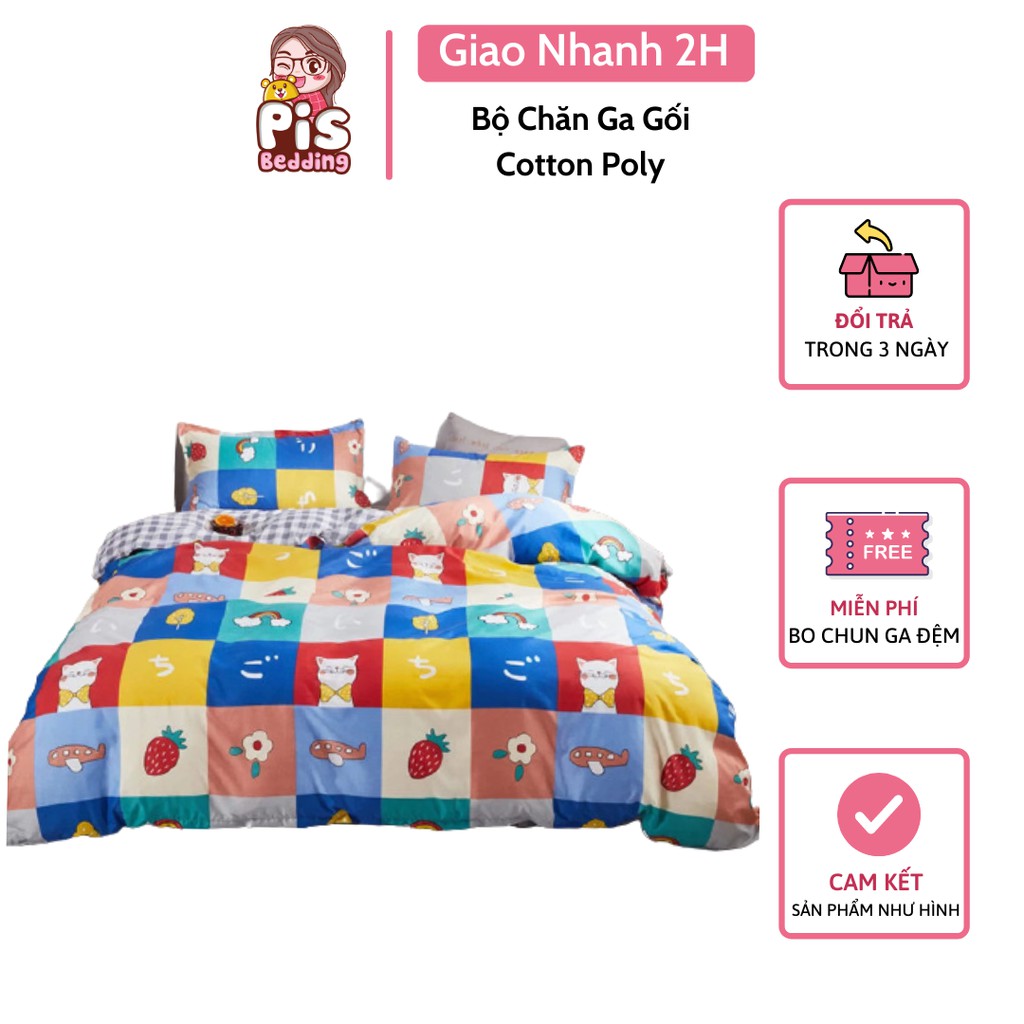 Bộ Chăn Ga Gối Cotton Poly Mèo Thổ Cẩm