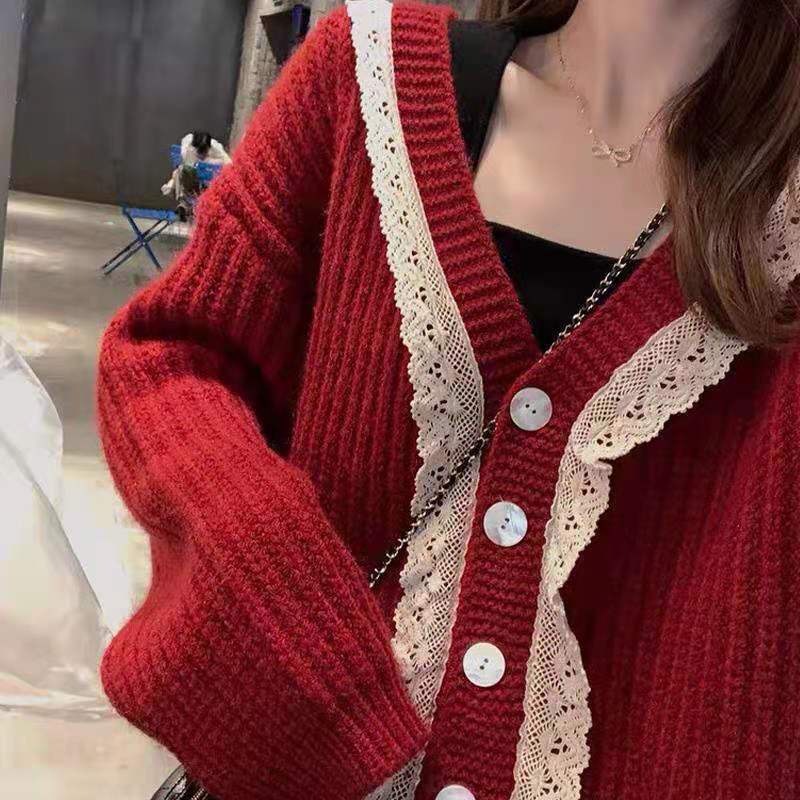 Áo khoác cardigan dệt kim tay dài cổ chữ V dáng rộng phối ren thời trang thu đông phong cách Nhật Bản mới cho nữ