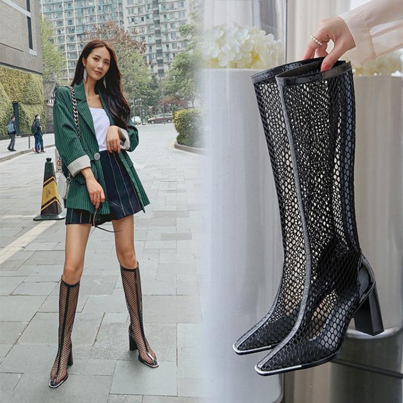 Giày Boot Cao Gót Bằng Da Phối Lưới Phong Cách Âu Mỹ Thời Trang Cho Nữ