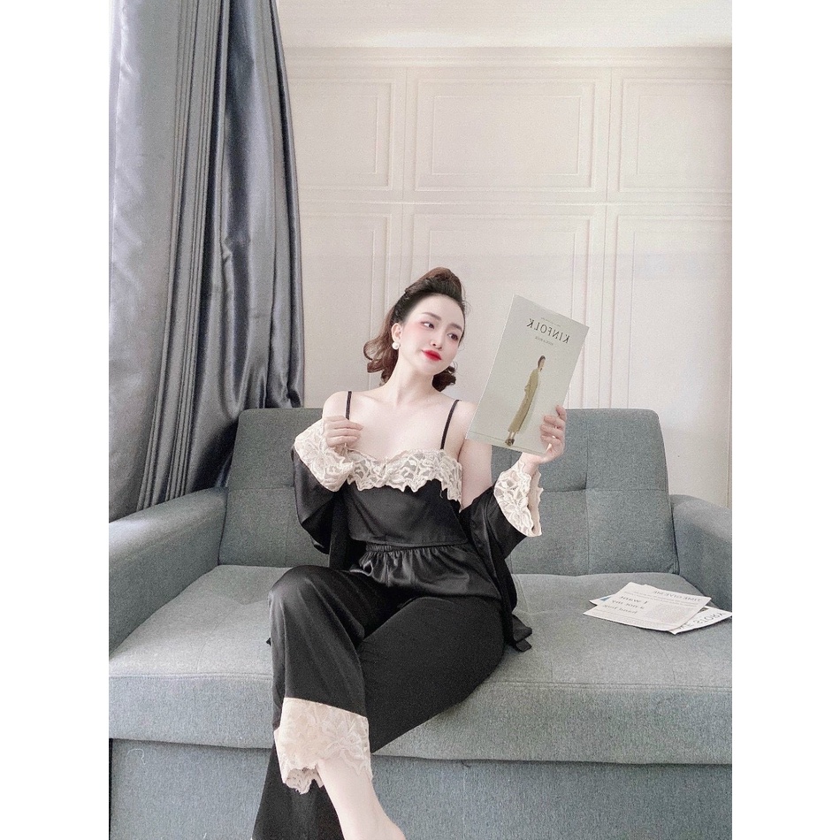 ❤️ 𝐅𝐫𝐞𝐞 𝐒𝐡𝐢𝐩 ❤️ SET ĐỒ NGỦ LỤA SATIN SEXY 3 MÓN ÁO CHOÀNG + ÁO TRONG 2 DÂY + QUẦN DÀI PHỐI REN MÁT MỊN KHÔNG NHĂN