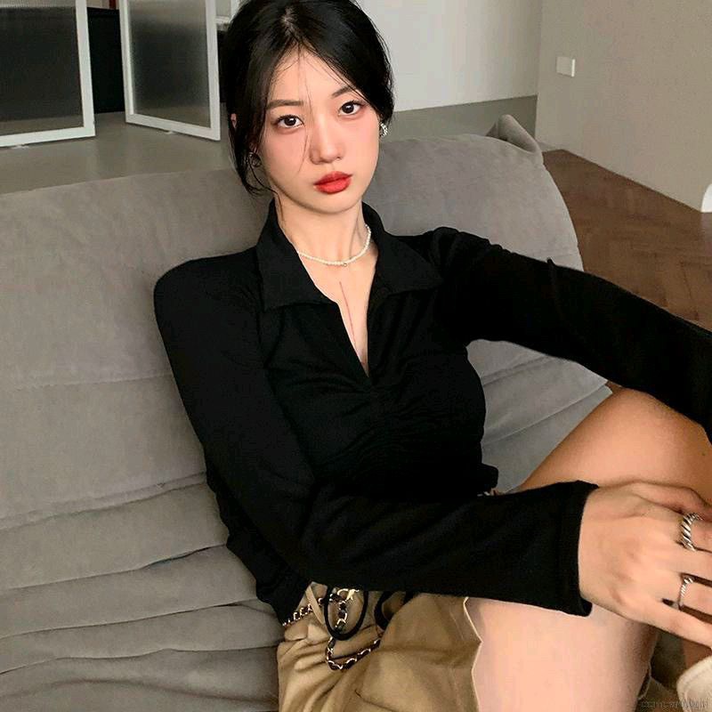 Áo thun cổ bẻ tay dài rút dây phong cách sành điệu (A15