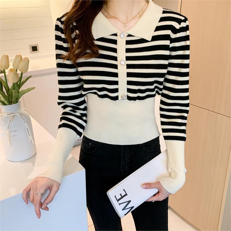 【ZHELIHANGFEI】Áo Sweater Cổ POLO Tay Dài Ôm Eo Họa Tiết Kẻ Sọc Phong Cách Sang Trọng