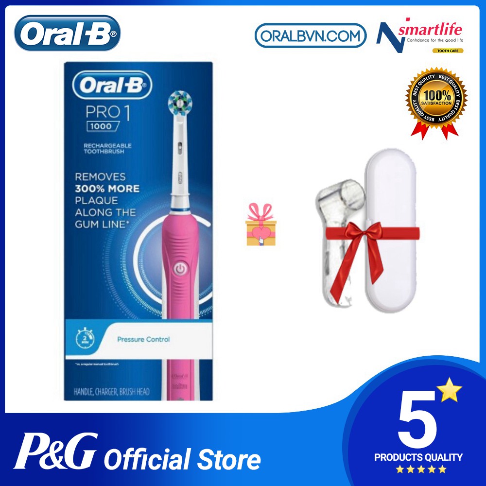 [AUTH] Bàn chải đánh răng điện tự động Oral B Pro 1000 màu hồng làm sạch răng, hạn chế viêm nướu kèm hộp và nắp đậy du l