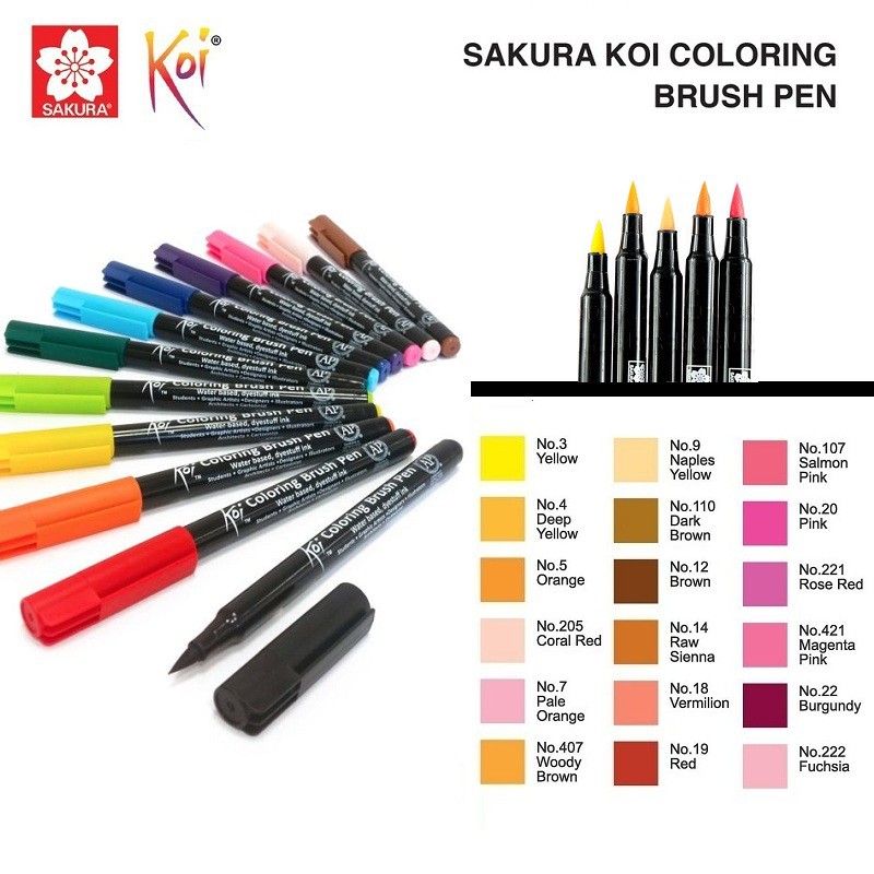 BÚT CỌ MẦU NƯỚC SAKURA KOI COLOURING BRUSH PEN ( 1 CÂY ) Bảng mầu A