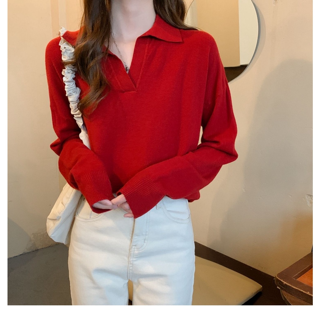 Áo ZHELIHANGFEI dệt kim tay dài cổ polo dáng rộng phong cách Nhật Bản dễ phối đồ cho nữ