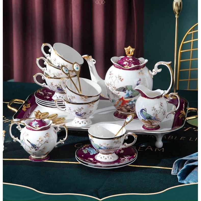 Bộ Ấm Trà Gốm Sứ Hoạ Tiết - Set Ấm Chén kèm khung treo Gốm Sứ hoa văn phong cách Hoàng Gia - Nhiều Mẫu