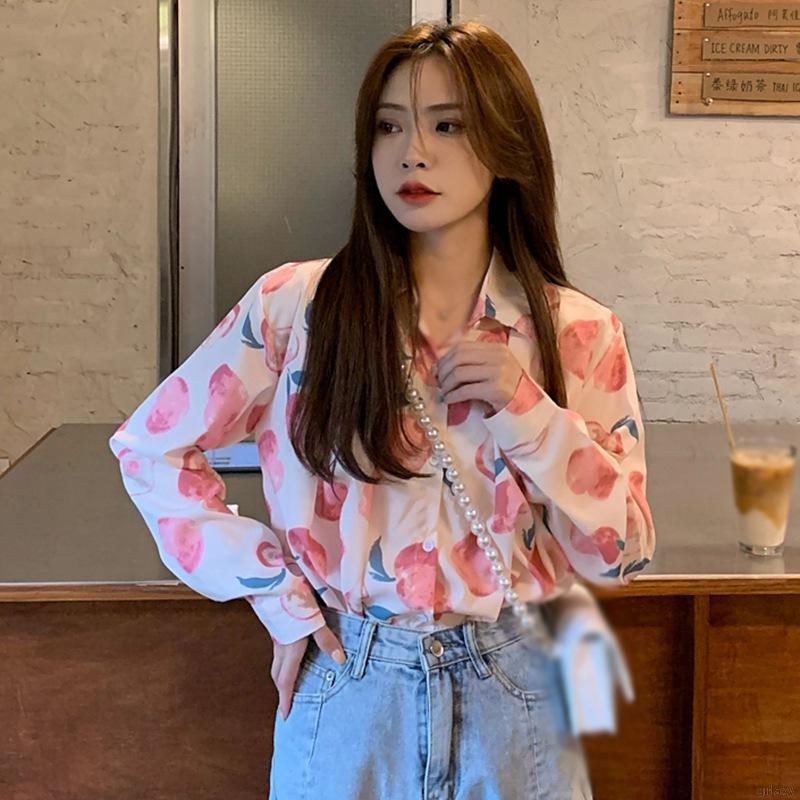 Áo Sơ Mi Tay Dài Dáng Rộng In Hình Quả Đào Kiểu Hàn Quốc Dễ Thương Cho Nữ