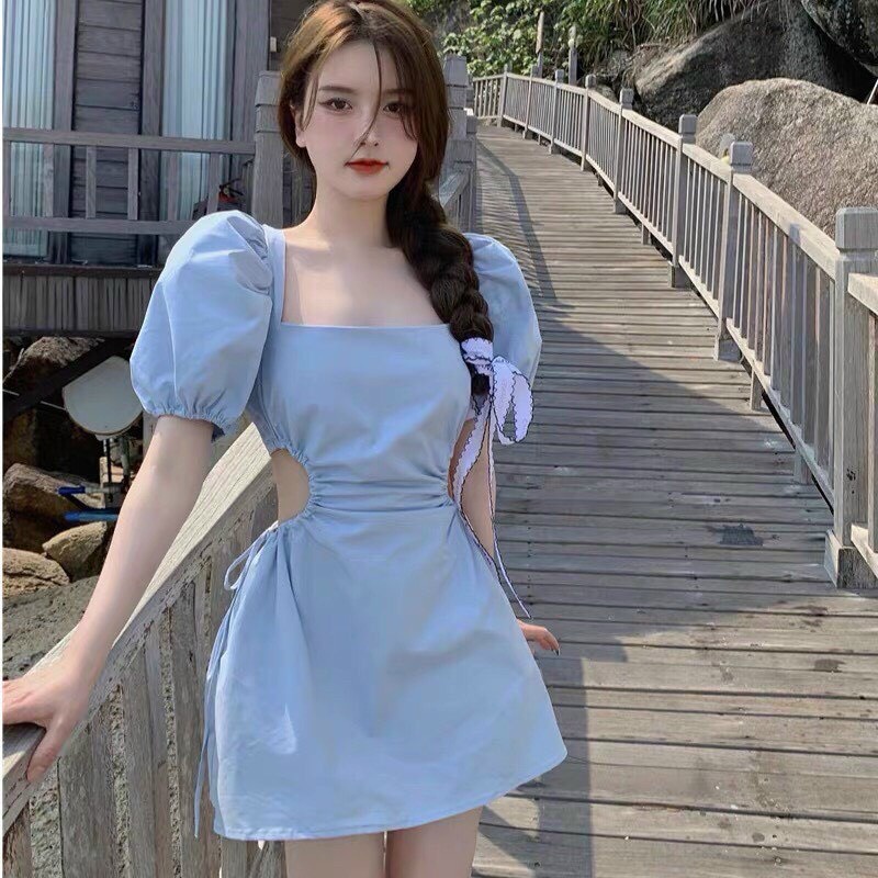 Váy đầm nữ mini dáng xòe cổ vuông tay bồng hở eo màu xanh