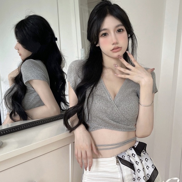 Áo kiểu ZHELIHANGFEI dệt kim tay cổ ngắn chữ V hở lưng gợi cảm tùy chọn màu sắc