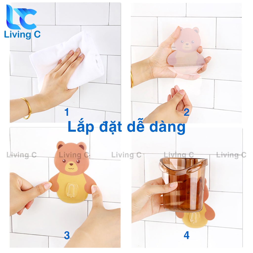 Ly cốc đựng bàn chải kem đánh răng Living C, giá kệ đựng đồ treo tường nhà tắm đa năng hình GẤU CUTE _CGC