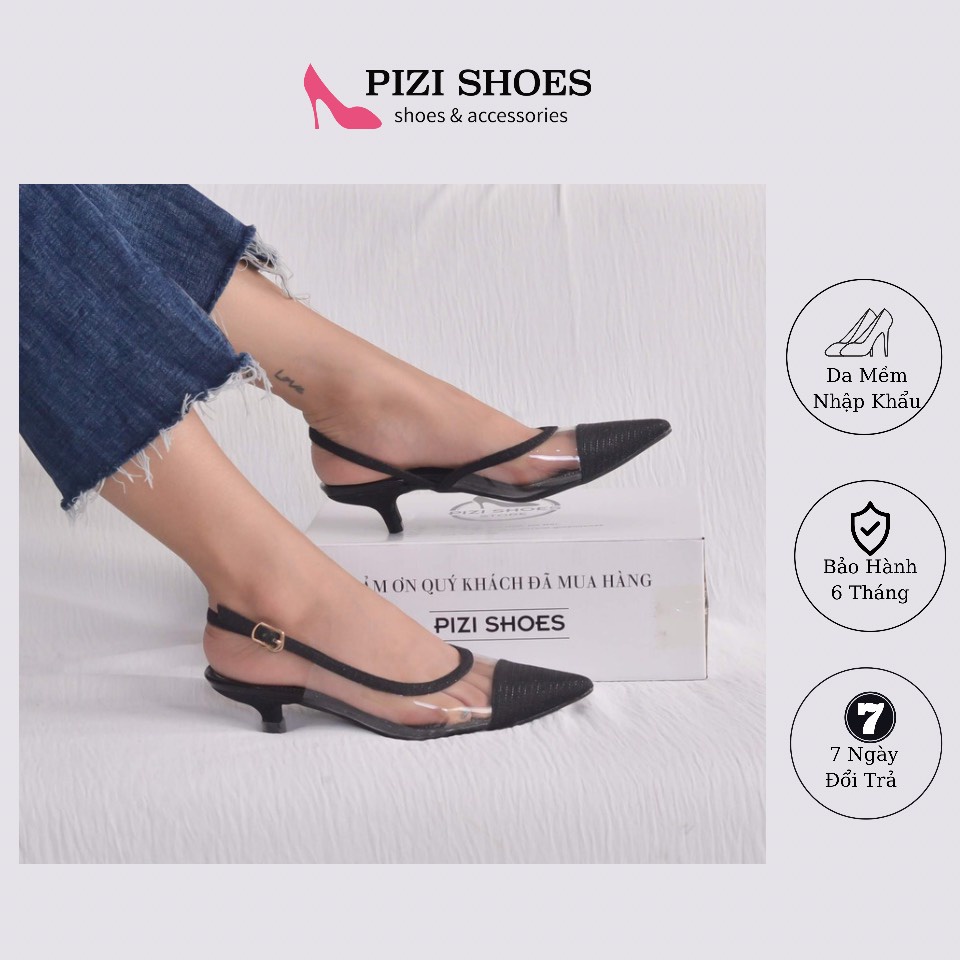 Giày sandal bít mũi, gót nhọn cao 3cm da phối kim sa sang chảnh S33 -Pizishoes