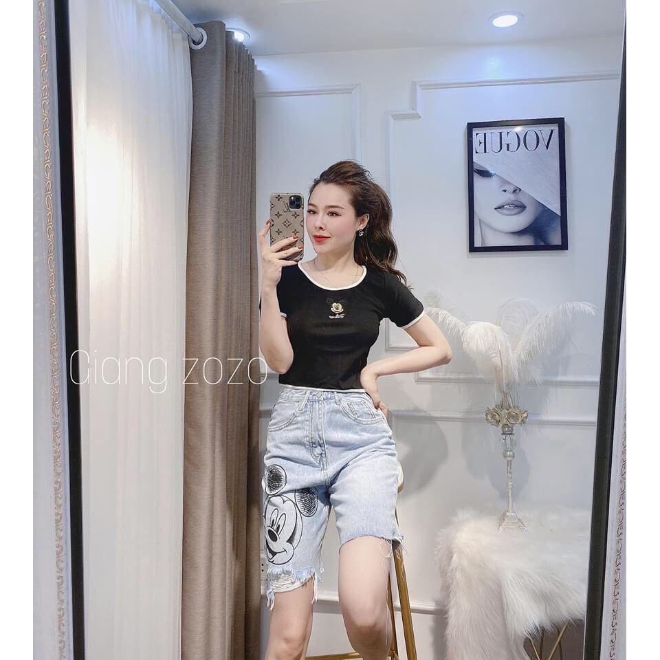 ÁO THUN CROPTOP THÊU MICKEY CHẠY VIỀN CỔ VIỀN TAY ĐEN TRẮNG HOT