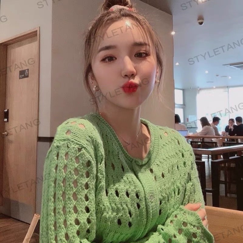 Áo khoác dệt kim len cardigan cổ tròn cài khuy - len lưới lỗ