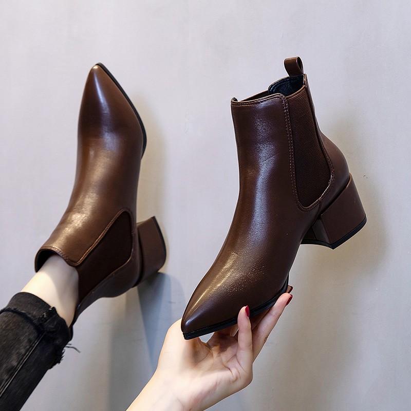 Brown boots all-match pointed toe Chelsea short boots women's spring and autumn 2020 single boots thick heel handsome mid-tube boots show small feet