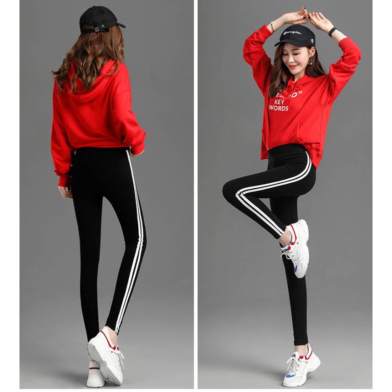 READY STOCK Women Striped Leggings Elastic Skinny Sports Long Pants